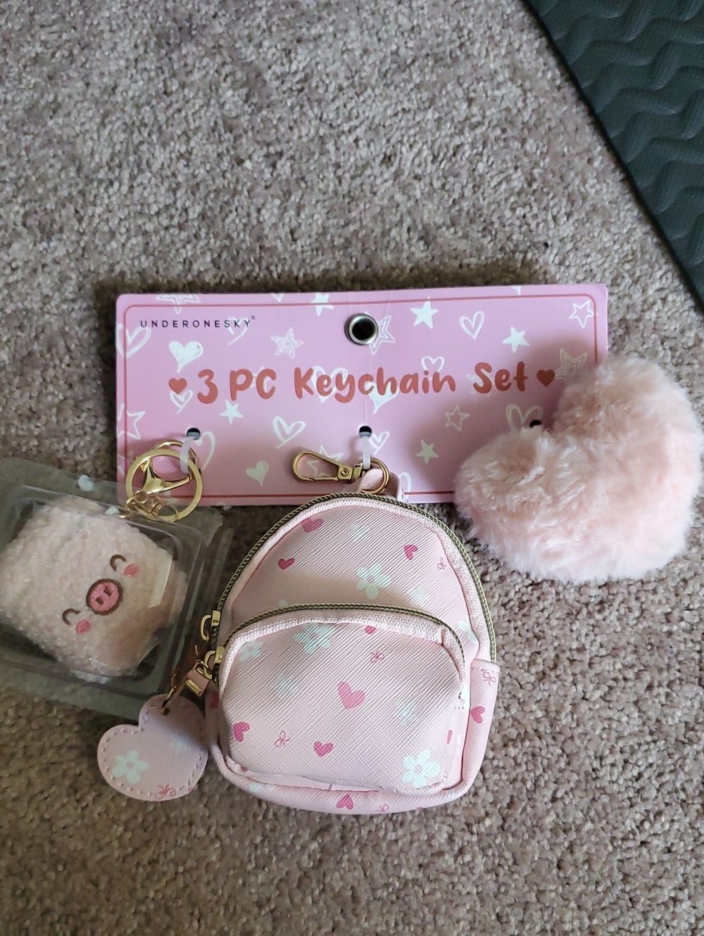 Under One Sky Pink 3-Piece Kids Keychain Set - Mini Backpack, Pom Pom & Charm